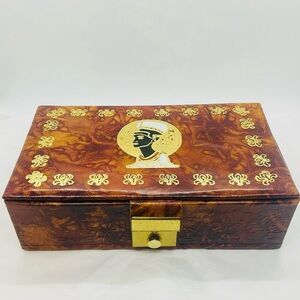Egyptian Camel Leather Jewelry Box Queen Nefertiti Black Gold 9” X 5” X 2.5”